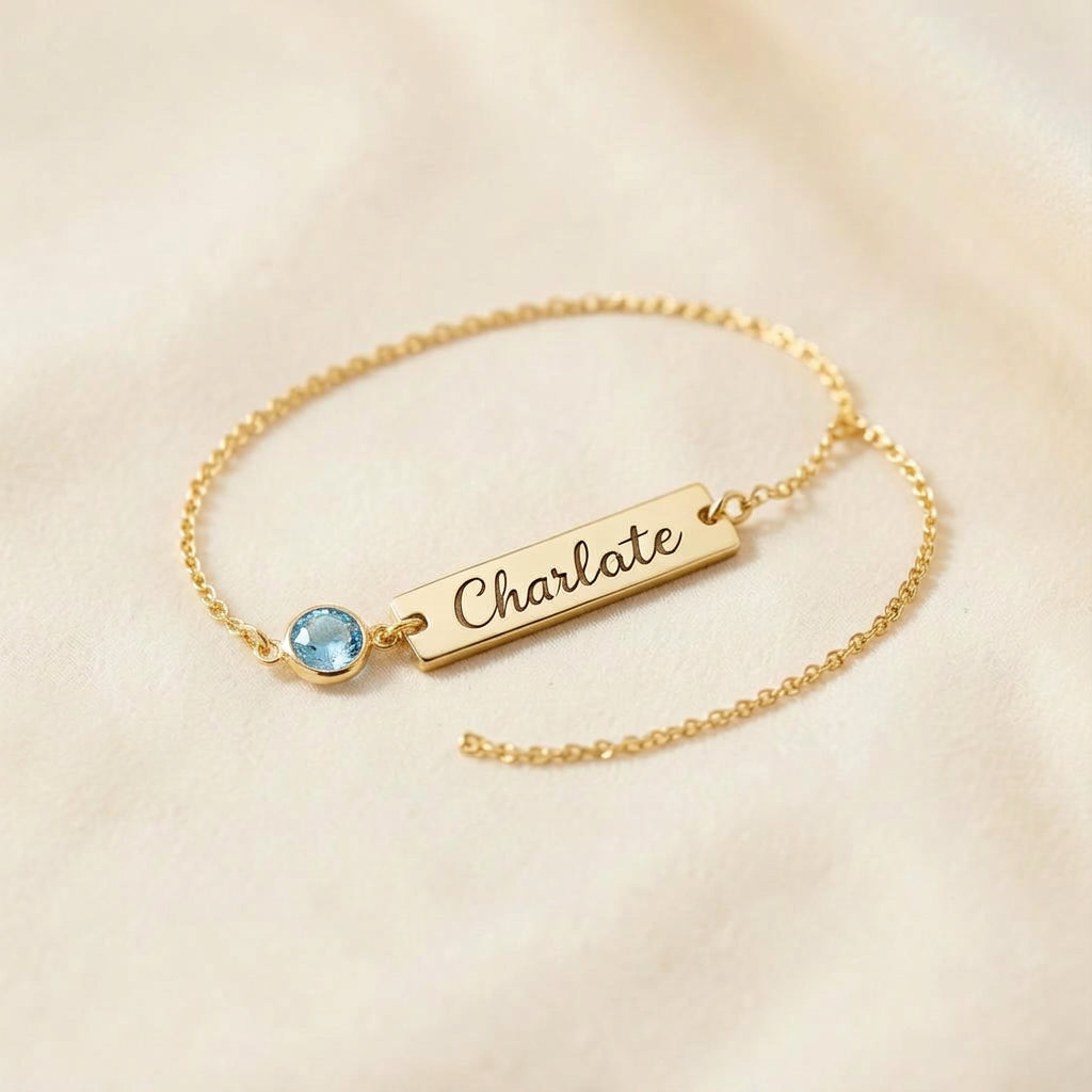 Name and birthstone bracelet in gold